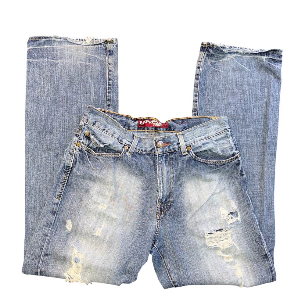 Express Kingston Vintage Y2K Distressed Bootcut Jeans Regular Rise Blue 31x32
